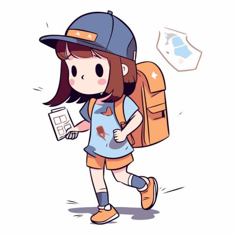 Illustration of a girl going to school with a backpack and a map