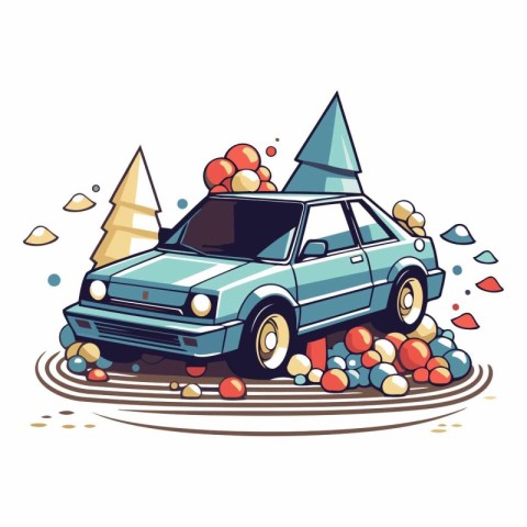 Car on the road with Christmas tree in cartoon style.