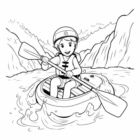 Black and White Cartoon Illustration of Kid Kayaking or Kayaking