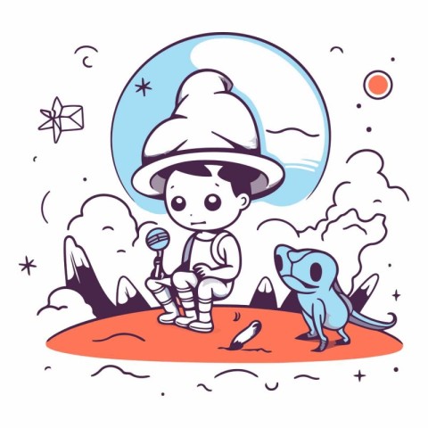 Cute little boy singing karaoke on the moon.