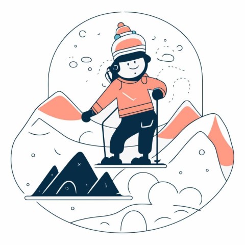 Vector illustration of a boy skiing in the mountains. Flat style