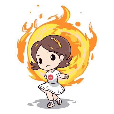 Cute little girl dancing on the fire. Vector cartoon illustratio