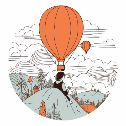 Woman with hot air balloon in the mountains. Vector hand drawn i