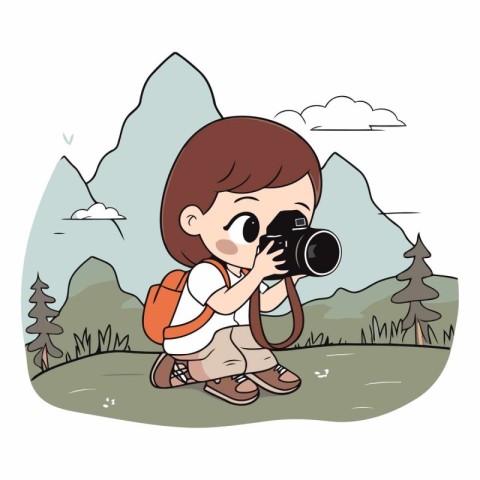 Cute little girl with camera in the mountains.