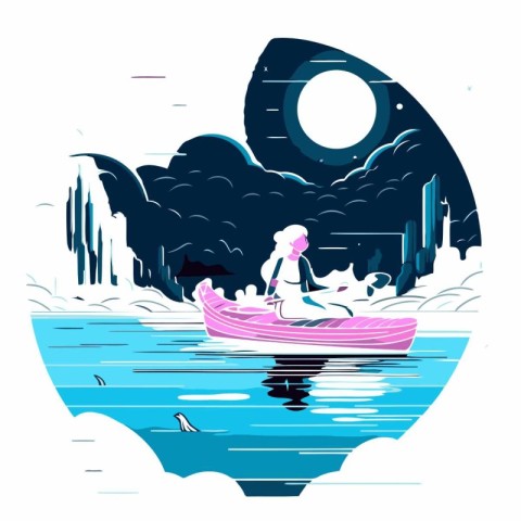 Girl in a boat on the river in flat style