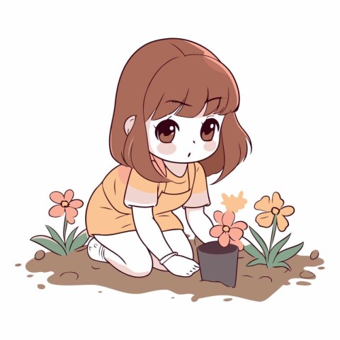 Cute little girl planting flowers in the garden.