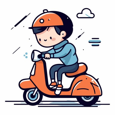 Cute boy riding scooter in cartoon style.