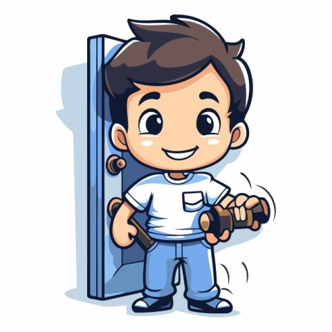 Cute Boy Opening Door Cartoon Mascot Character Vector Illustrati