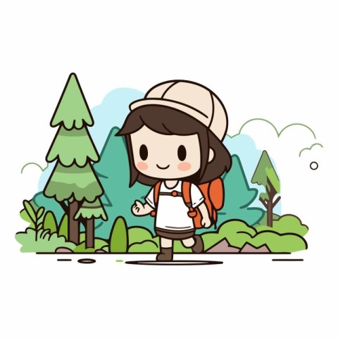 cute little girl with backpack and hat in the park vector illust