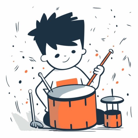 Boy playing drums in doodle style on white background.