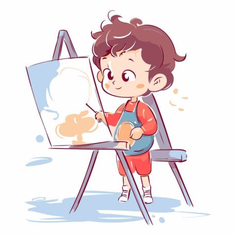 Cute little boy painting a picture on easel vector illustration.