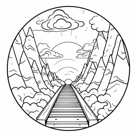 Vector illustration of a railway in the mountains. Linear style.