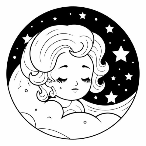 Cute little girl sleeping on the moon in black and white