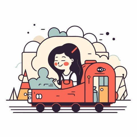 Cute girl in train in thin line style.