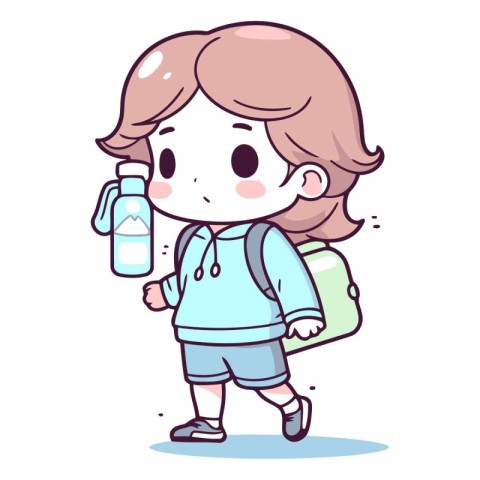 Cute little girl wearing backpack and drinking water.