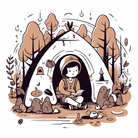 Little boy playing in a tent in the woods.