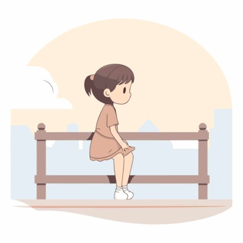 Little girl sitting on a bench in cartoon style.