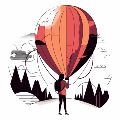 Man flying in hot air balloon in flat style.