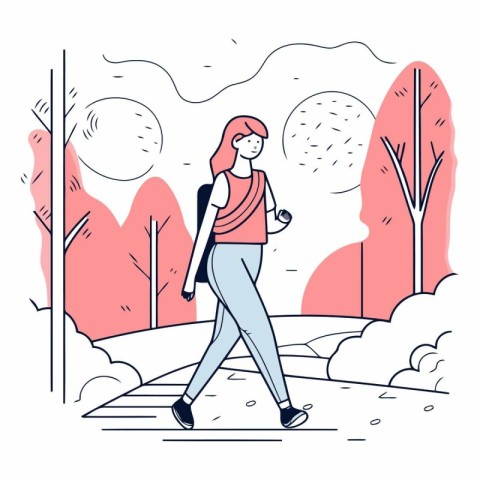 Young woman walking in the park in linear style.