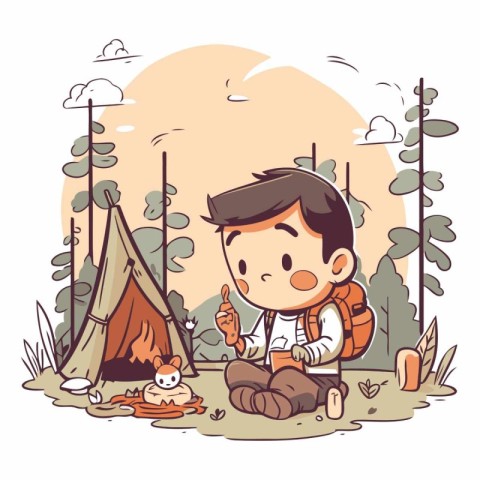 Boy camping in the forest of a cartoon style.