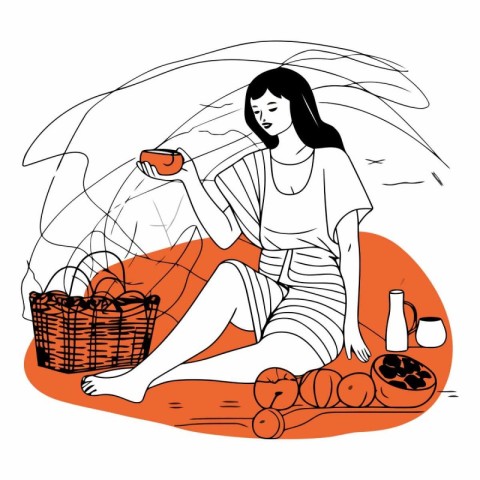 Vector illustration of a woman with a cup of coffee on the beach