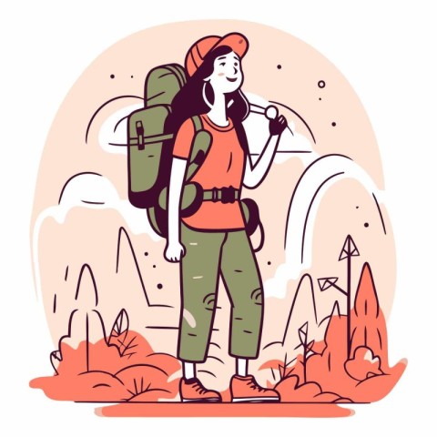 Vector illustration of a hiker woman with backpack hiking in the