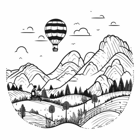 Hand drawn vector illustration of mountain landscape with hot ai