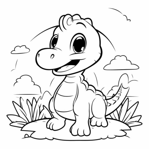 Black and White Cartoon Illustration of Cute Dinosaur Animal for