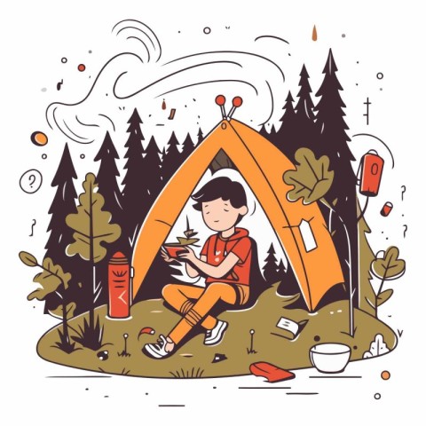 Vector illustration of a boy camping in the forest. Camping conc