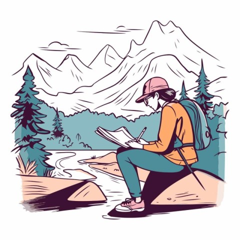 Vector illustration of a hiker sitting on a rock and reading a b