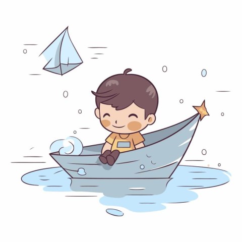 Cute little boy in a boat on white background.