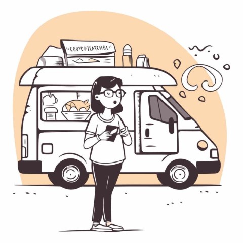 Vector illustration of a woman standing near the camper van with