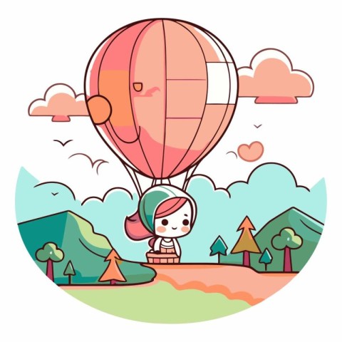 Cute girl flying on hot air balloon in the sky.