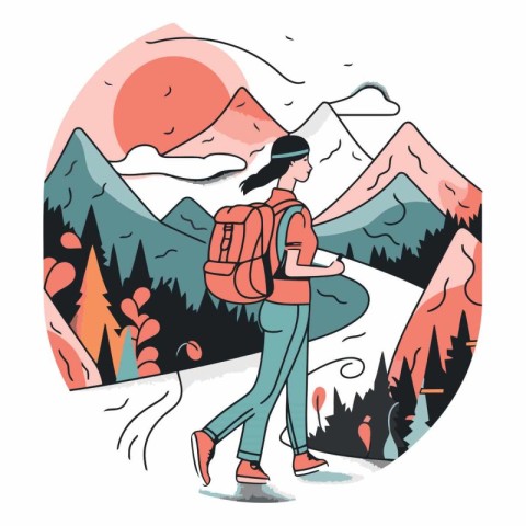 Hiking girl in mountains of a girl with a backpack.