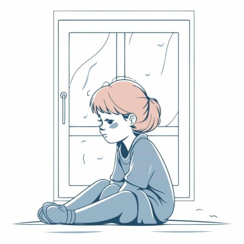 Illustration of a sad girl sitting in front of the window.