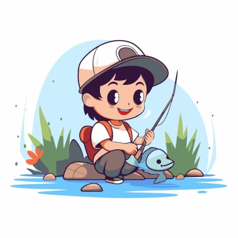 Little boy fishing in the river. Cute cartoon character.