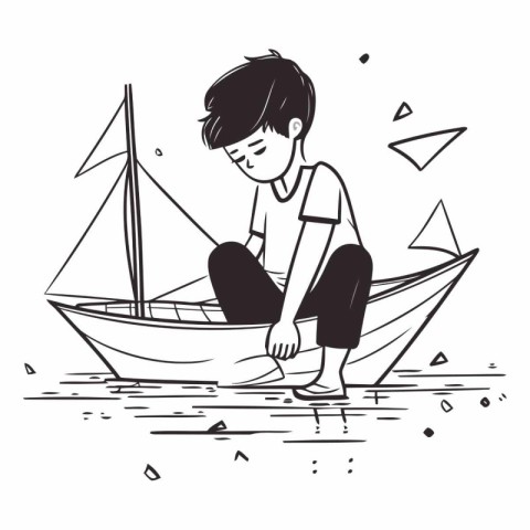 Boy playing with a boat on the sea in doodle style.