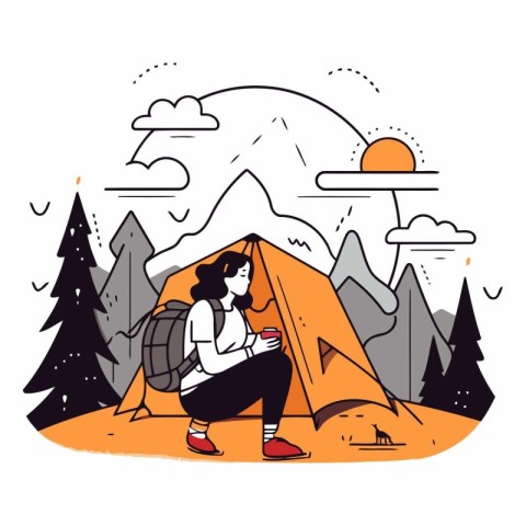 Camping in the mountains in flat linear style.