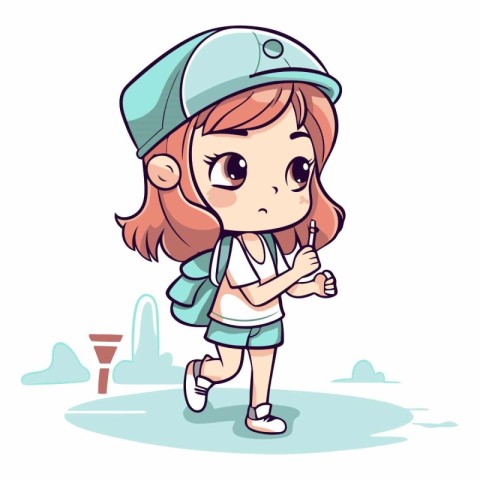 Cute little girl walking in the park. Cartoon vector illustratio