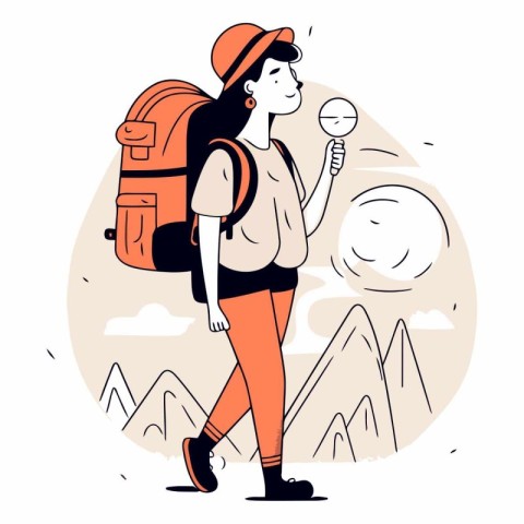 Vector illustration of hiker girl with backpack and ice cream in