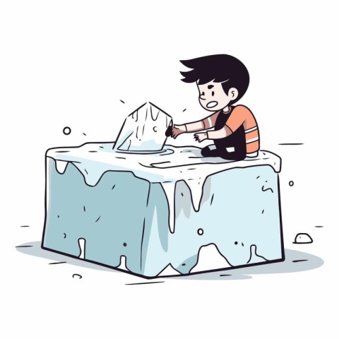 Little boy is melting ice on a piece of ice.