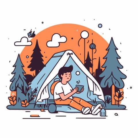 Young man in a tent reading a book in the forest