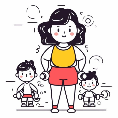 Mother with children in line art style. Happy family.