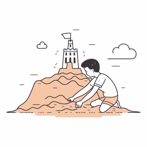 Vector illustration of a boy playing with sand on the beach in s