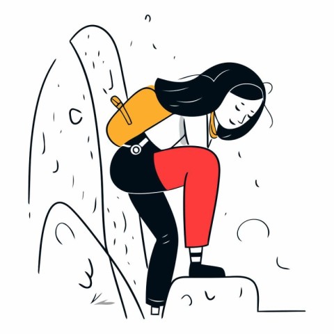 Young woman climbing a mountain in flat cartoon style.