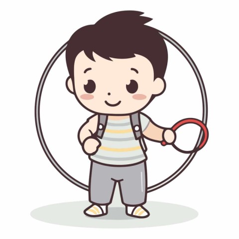 Cute little boy playing with a hoop. Vector cartoon illustration