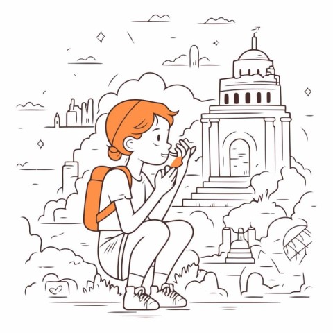 Traveling and tourism concept. Young woman with backpack sitting