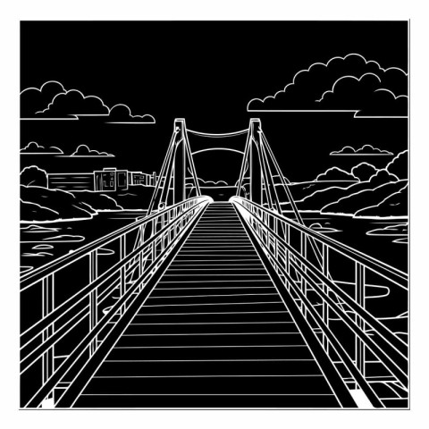 Suspension bridge over the river. Black and white vector illustr