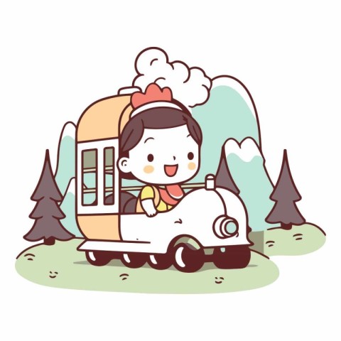 Cute little girl riding a train in the forest.