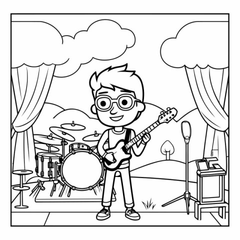 Teenager boy playing guitar and drum kit cartoon vector illustra